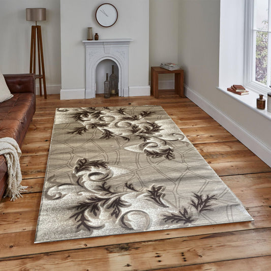 Covor cu Insertii Florale tip Vița de Vie ,Bej/Maro