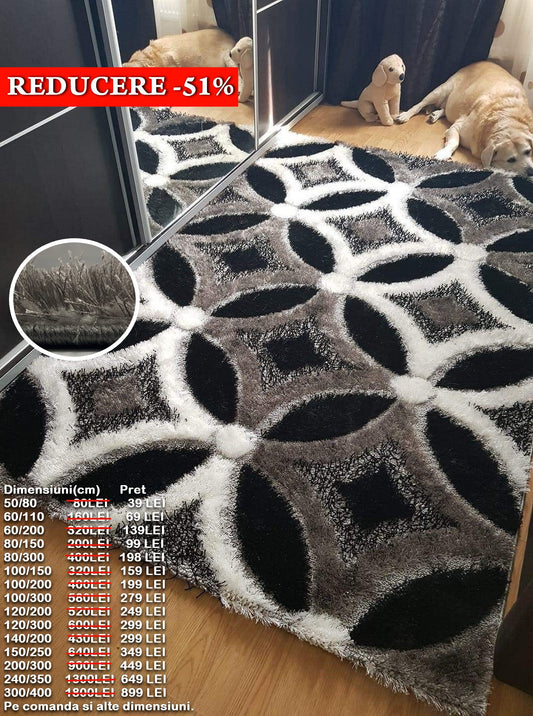 Covor Pufos cu Fir de Matase 3D ,Gri/Negru/Alb