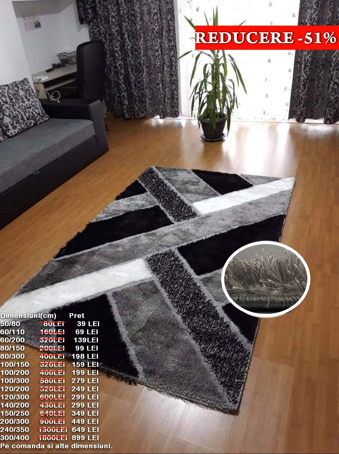 Covor Pufos cu Fir de Matase cu Insertii Geometrice tip Linii,Gri