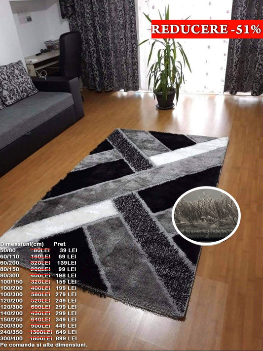 Covor Pufos cu Fir de Matase cu Insertii Geometrice tip Linii,Gri