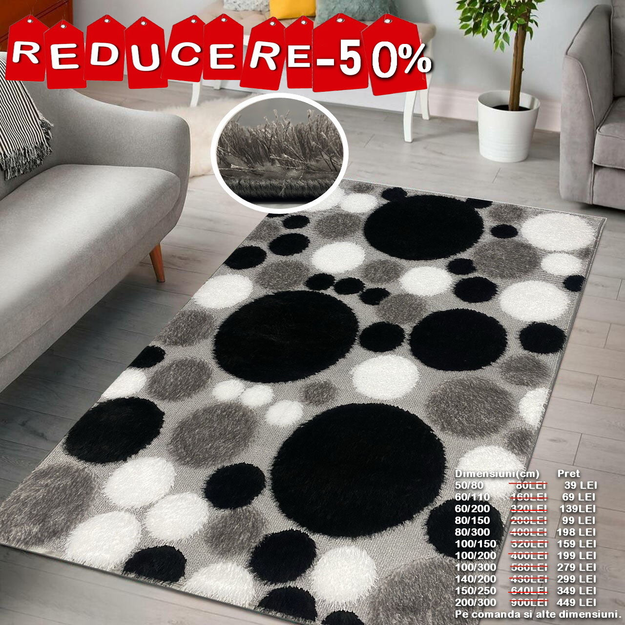 Covor Pufos cu fir de Matase si Bumbac cu Insertii Geometrice tip Bulina ,Gri