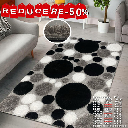 Covor Pufos cu fir de Matase si Bumbac cu Insertii Geometrice tip Bulina ,Gri