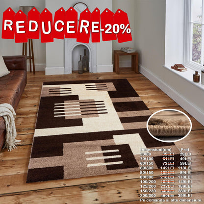 Covor cu Insertii Geometrice Tip Patrate si Linii ,Capucinno/Bej